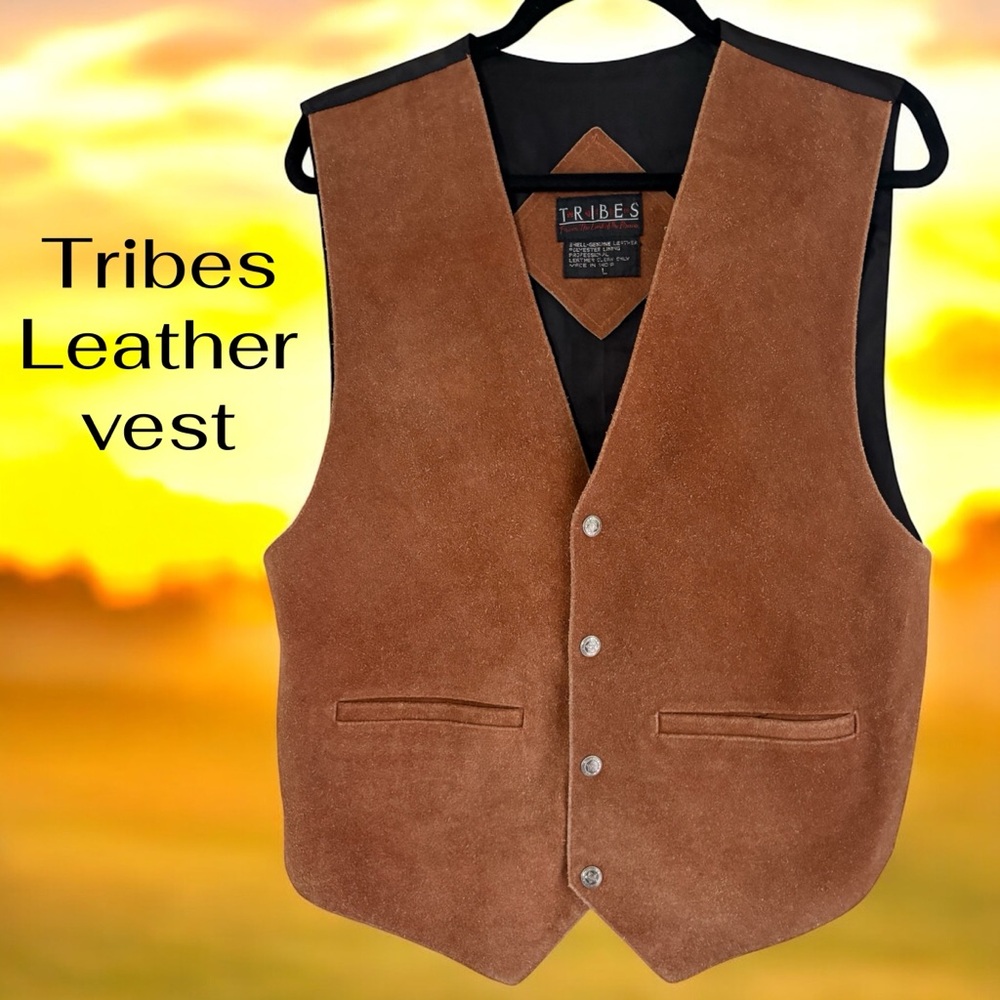 Tribes-Large men’s genuine leather western vest. Silver Star snaps. Sharp! EUC!!